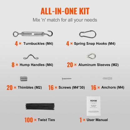 Vinyl Coated Stainless Steel Wire Rope Kit, 50m Cable, 1.2kg, 189 Accessories