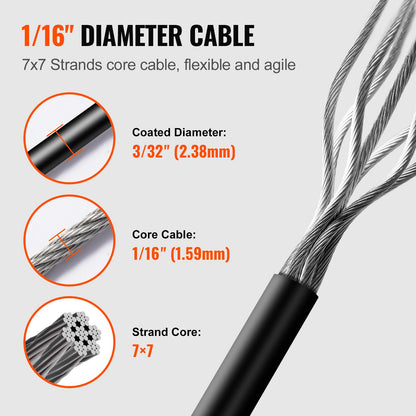 VEVOR Vinyl Coated Wire Rope Kit, 3/32 Cable Through 1/16 Diameter Stainless Steel,