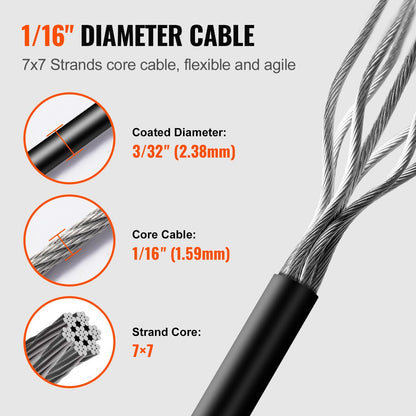 Vinyl Coated Stainless Steel Wire Rope Kit, 50m Cable, 1.2kg, 189 Accessories