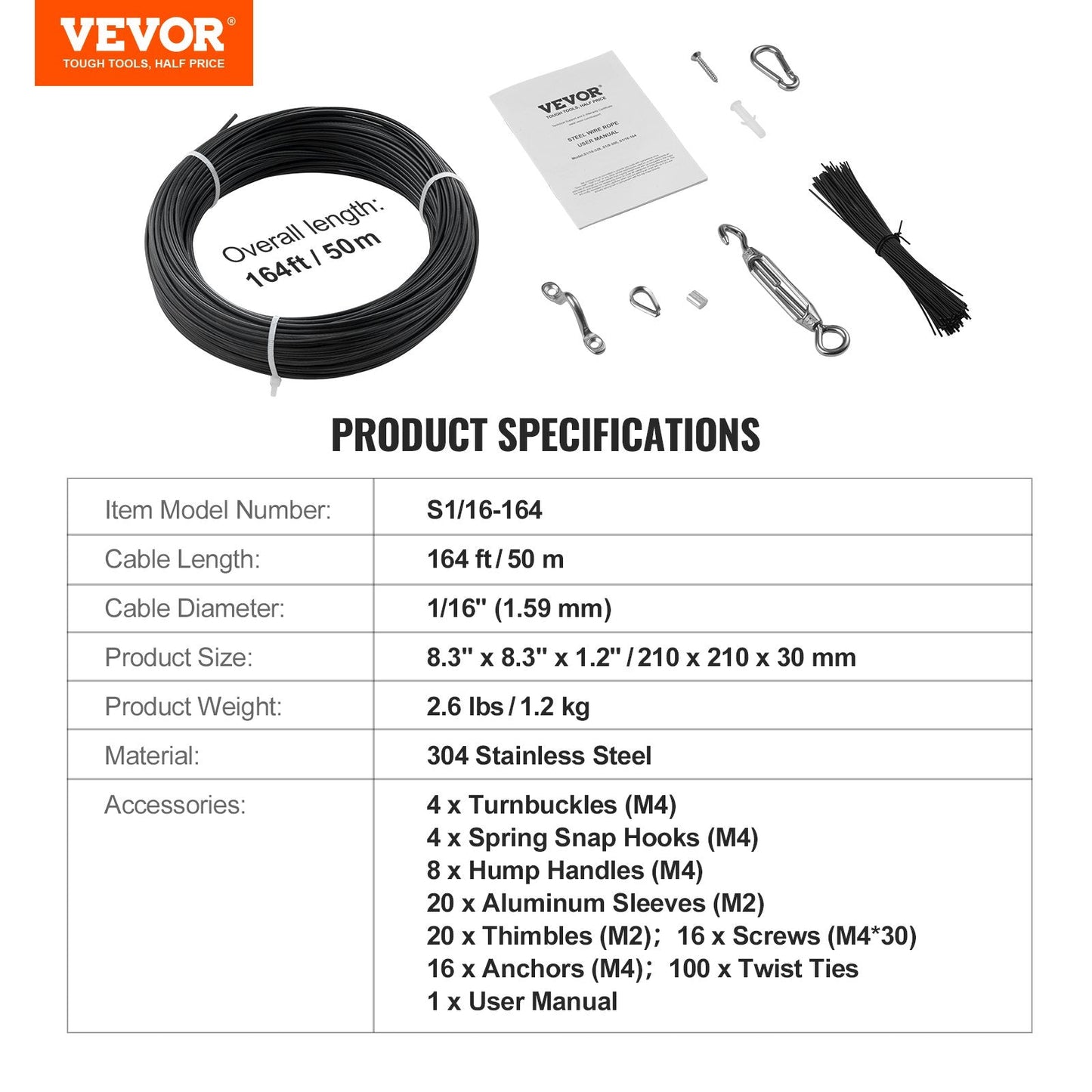 Vinyl Coated Stainless Steel Wire Rope Kit, 50m Cable, 1.2kg, 189 Accessories