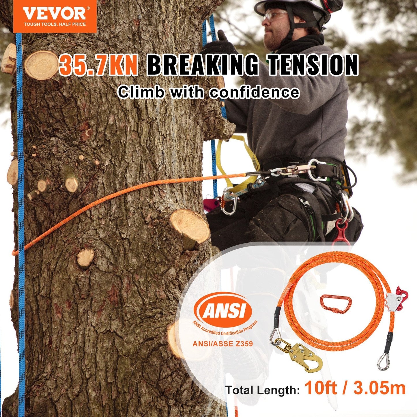 12.7mm Steel Core Flipline 3m with Carabiner & Snap Hooks for Arborist Safety