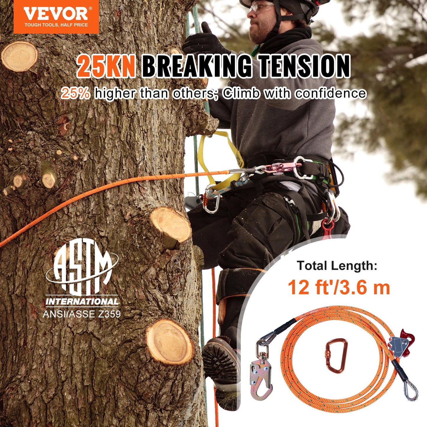 VEVOR Steel Core flipline, 1/2" x 12' Arborist Flipline, Flip Line for Tree Climbing