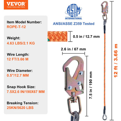 VEVOR Steel Core flipline, 1/2" x 12' Arborist Flipline, Flip Line for Tree Climbing