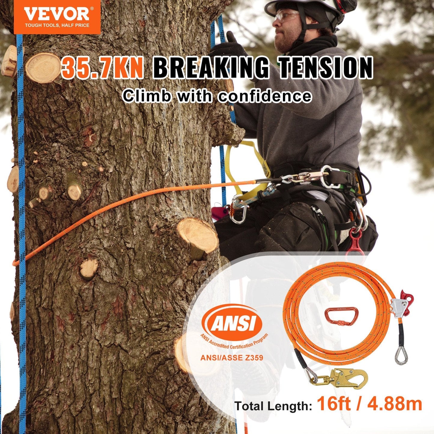 12.7mm Steel Core Flipline 4.8m with Carabiner & Snap Hooks for Safety