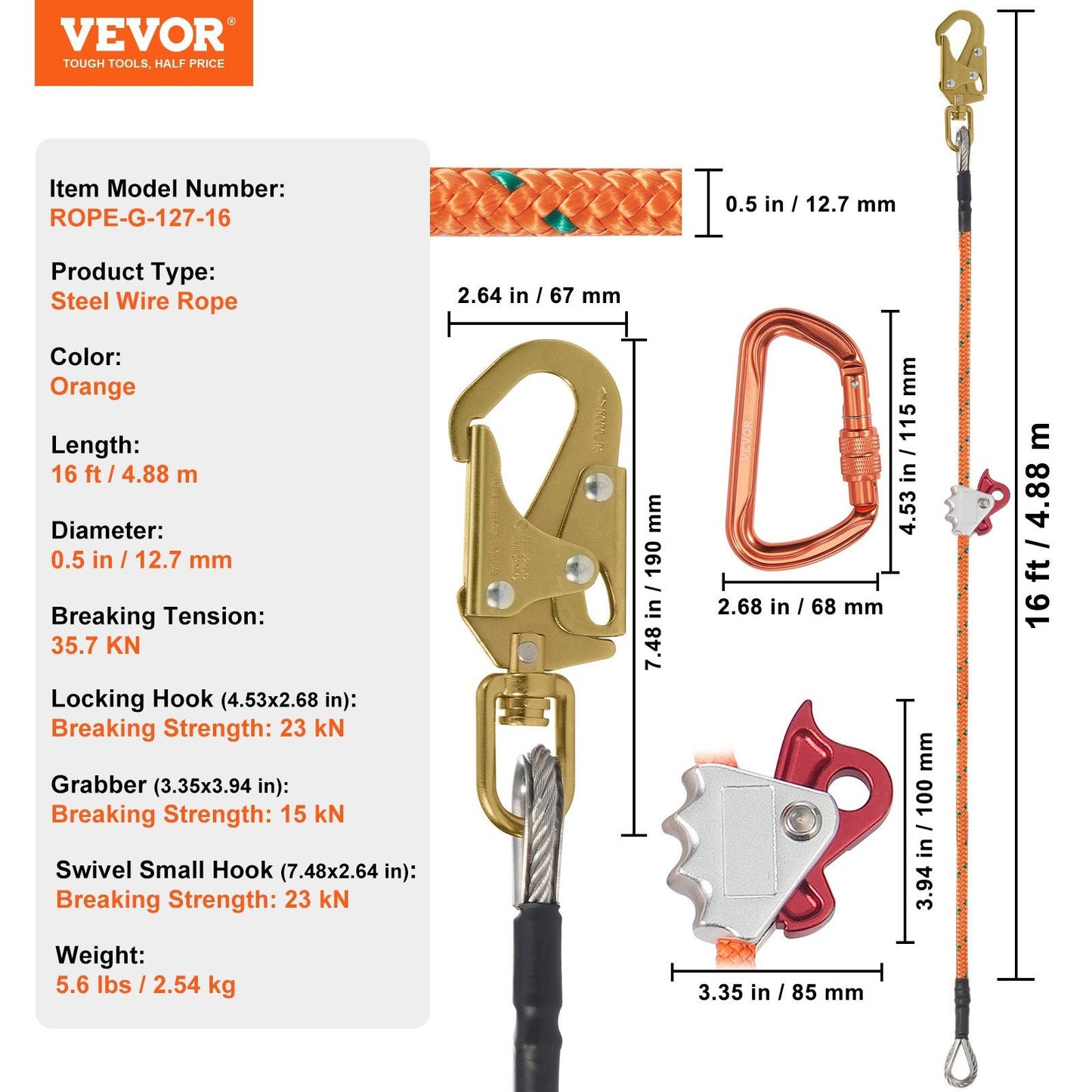 12.7mm Steel Core Flipline 4.8m with Carabiner & Snap Hooks for Safety