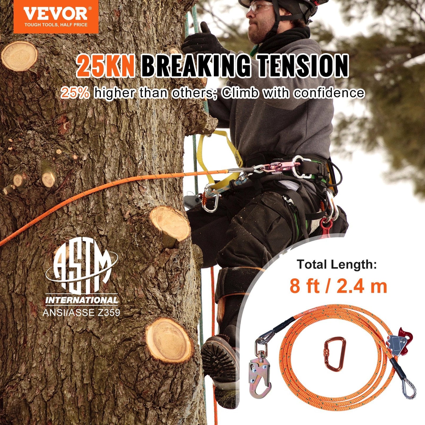 Steel Core Arborist Flipline, 2.4m for Tree Climbing with Carabiner & Lanyard