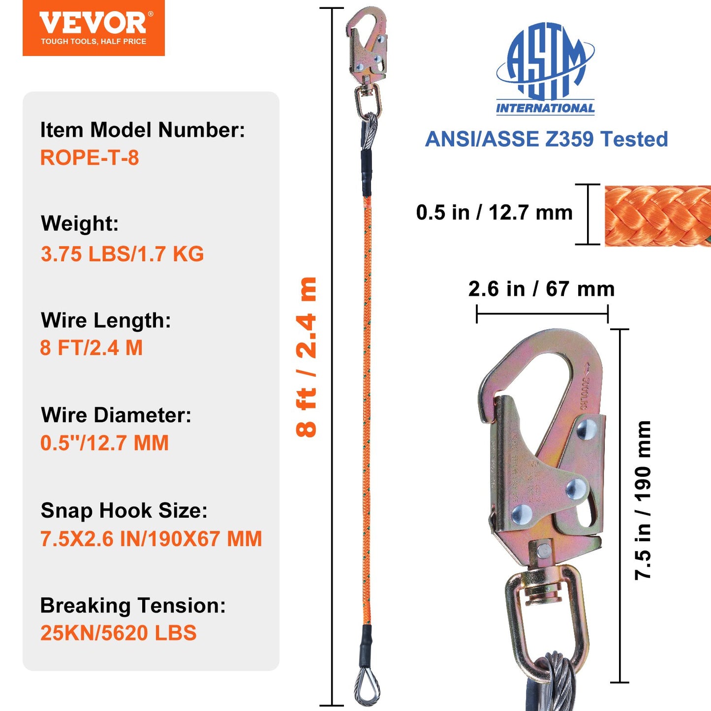 VEVOR Steel Core flipline, 1/2" x 8' Arborist Flipline, Flip Line for Tree Climbing