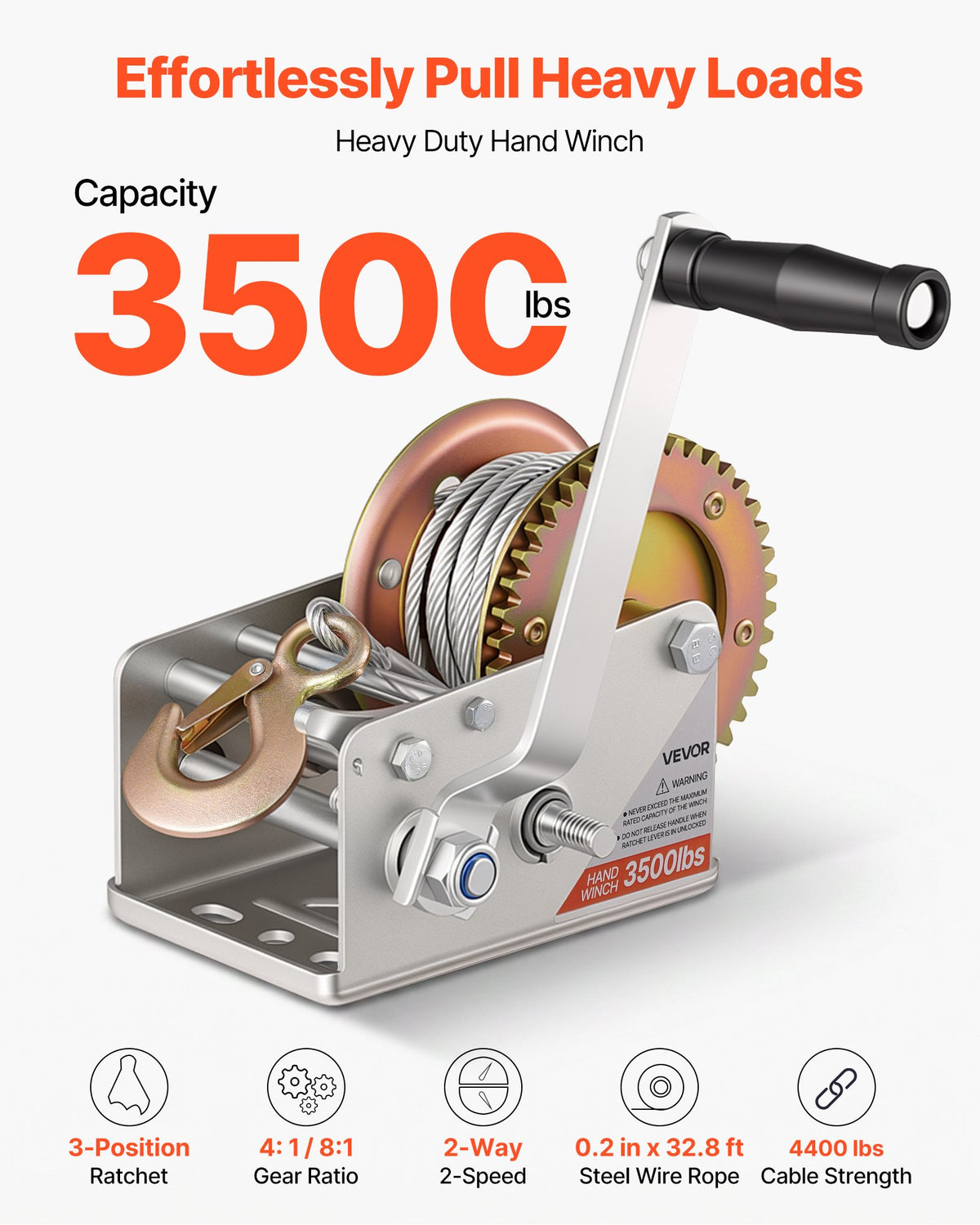 Boat Winch, 1588 kg Hand Winch, Heavy Duty Manual Rope Crank with 10m Steel Wire, Portable Two-Way Ratchet, 2 Speed Switchable, Anti-Slip Handle Gear for Boat Trailer ATV Towing