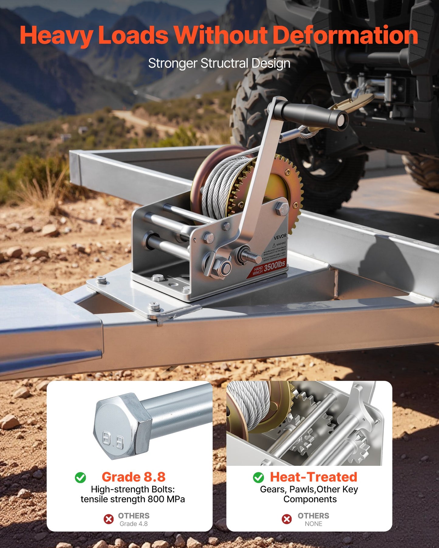 Boat Winch, 1588 kg Hand Winch, Heavy Duty Manual Rope Crank with 10m Steel Wire, Portable Two-Way Ratchet, 2 Speed Switchable, Anti-Slip Handle Gear for Boat Trailer ATV Towing
