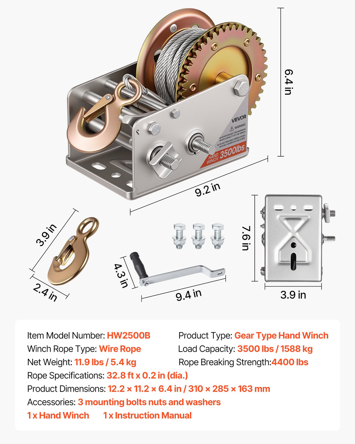 Boat Winch, 1588 kg Hand Winch, Heavy Duty Manual Rope Crank with 10m Steel Wire, Portable Two-Way Ratchet, 2 Speed Switchable, Anti-Slip Handle Gear for Boat Trailer ATV Towing