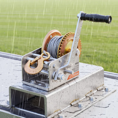 Boat Winch, 1588 kg Hand Winch, Heavy Duty Manual Rope Crank with 10m Steel Wire, Portable Two-Way Ratchet, 2 Speed Switchable, Anti-Slip Handle Gear for Boat Trailer ATV Towing