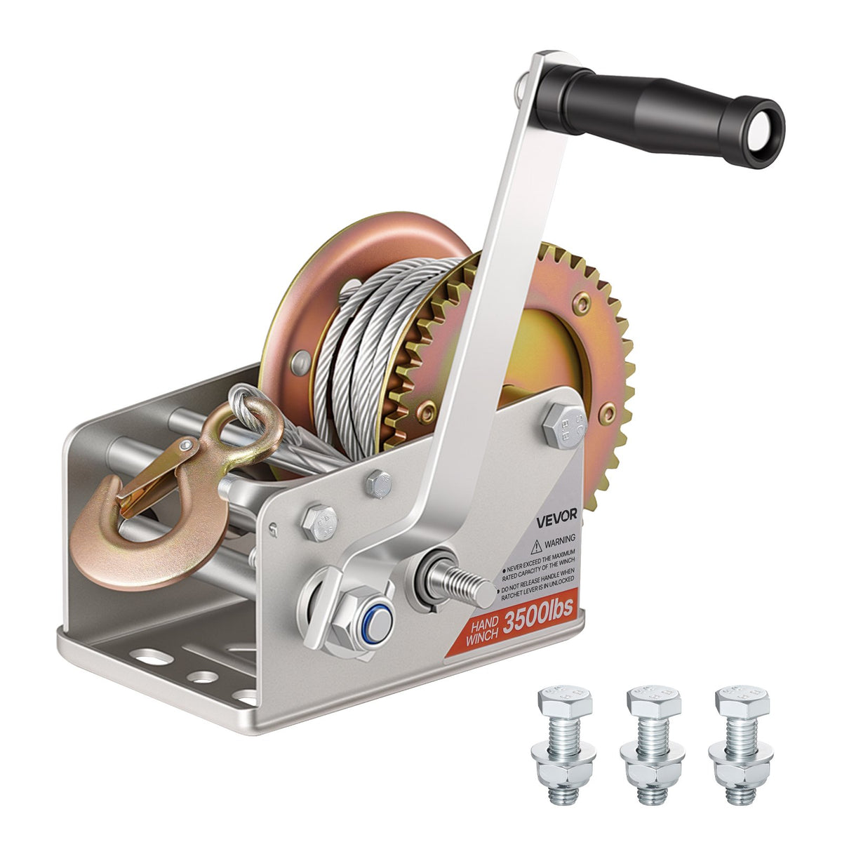 Boat Winch, 1588 kg Hand Winch, Heavy Duty Manual Rope Crank with 10m Steel Wire, Portable Two-Way Ratchet, 2 Speed Switchable, Anti-Slip Handle Gear for Boat Trailer ATV Towing