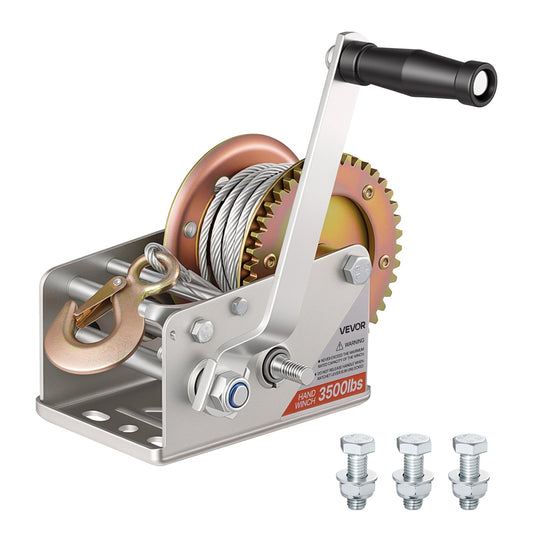 Boat Winch, 1588 kg Hand Winch, Heavy Duty Manual Rope Crank with 10m Steel Wire, Portable Two-Way Ratchet, 2 Speed Switchable, Anti-Slip Handle Gear for Boat Trailer ATV Towing