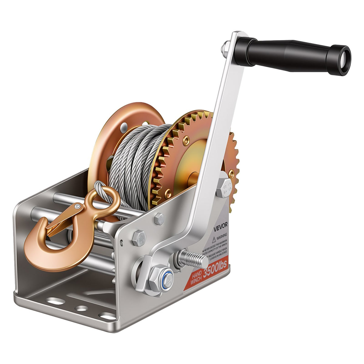 Boat Winch, 1588 kg Hand Winch, Heavy Duty Manual Rope Crank with 10m Steel Wire, Portable Two-Way Ratchet, 2 Speed Switchable, Anti-Slip Handle Gear for Boat Trailer ATV Towing