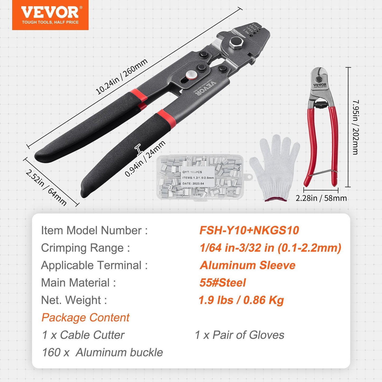 2.2mm Wire Rope Crimping Tool Kit with Cutter & 160 Aluminum Buckles