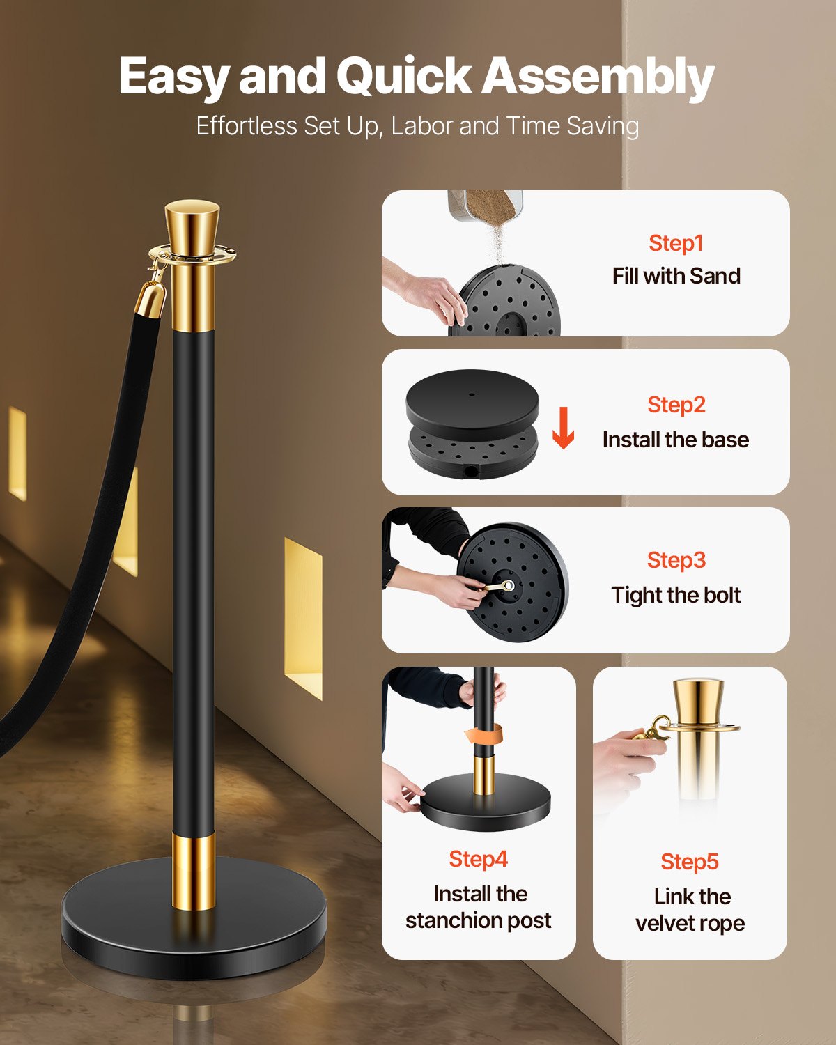 VEVOR 6 Pcs Stanchion Post with 4 Black Velvet Ropes Sand Injection Hollow Base