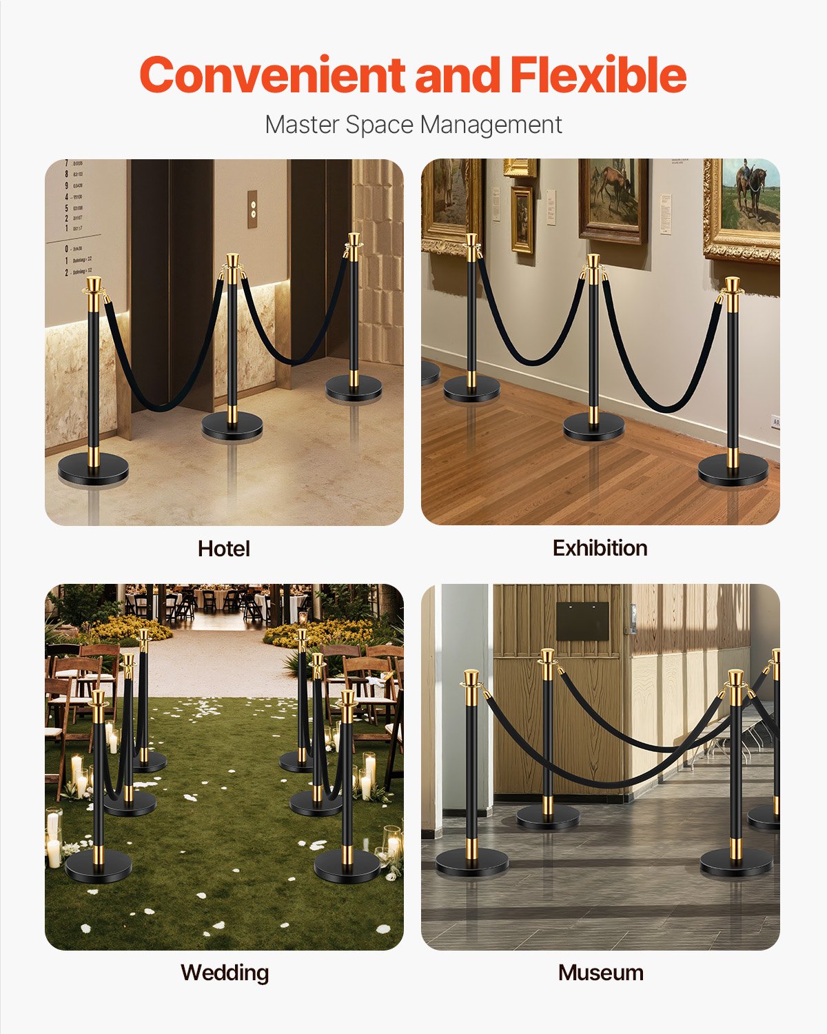 VEVOR 6 Pcs Stanchion Post with 4 Black Velvet Ropes Sand Injection Hollow Base