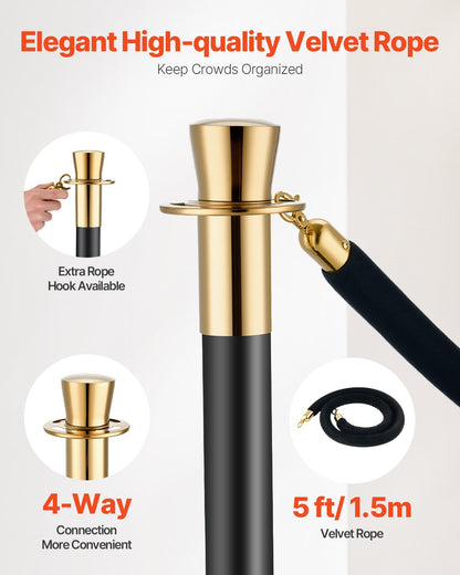 VEVOR 6 Pcs Stanchion Post with 4 Black Velvet Ropes Sand Injection Hollow Base