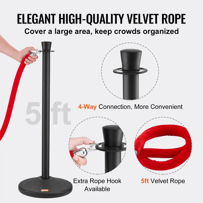 Crowd Control Stanchion Posts 6-Pack & 6PCS 5FT Velvet Ropes Fillable Base