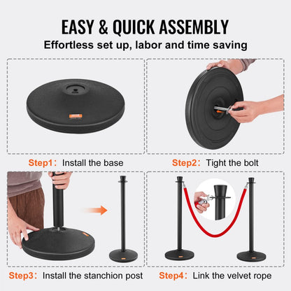 Crowd Control Stanchion Posts 6-Pack & 6PCS 5FT Velvet Ropes Fillable Base