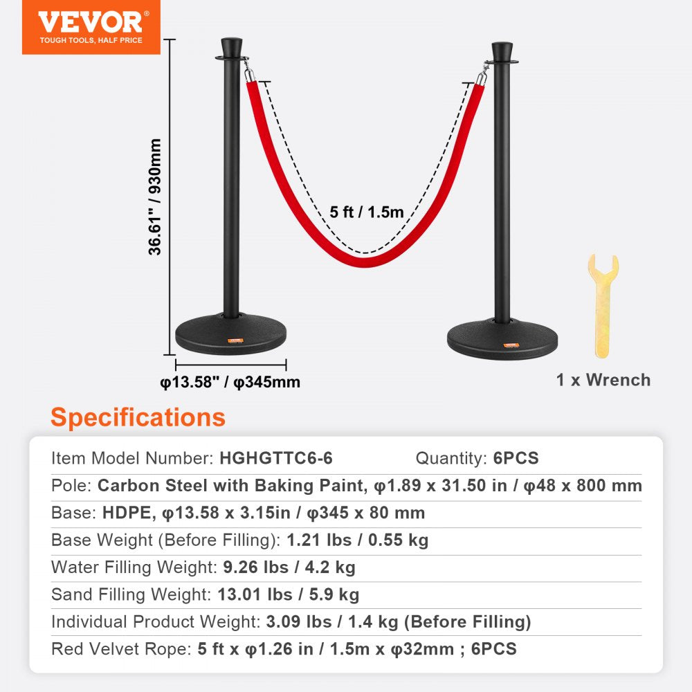 Crowd Control Stanchion Posts 6-Pack & 6PCS 5FT Velvet Ropes Fillable Base