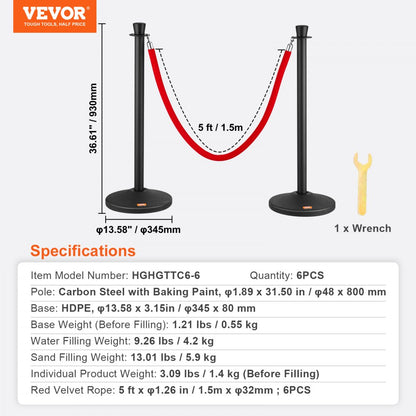 Crowd Control Stanchion Posts 6-Pack & 6PCS 5FT Velvet Ropes Fillable Base