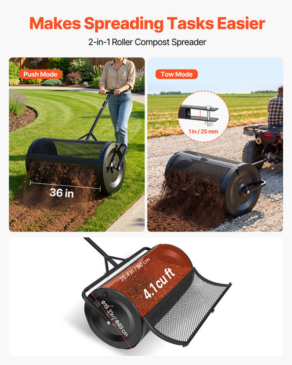 Compost Spreader, 91 cm Wide Peat Moss Spreader with Push/Tow Handle, 4 Heights Adjustable, Powder-Coated Steel Garden Peat Moss Roller, Heavy Duty Grass Seed Roller for Planting Seeding, Black