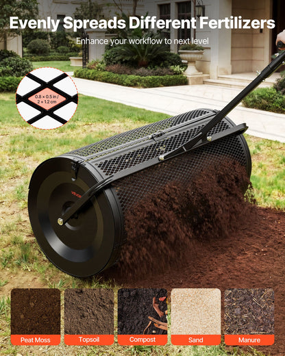 Compost Spreader, 91 cm Wide Peat Moss Spreader with Push/Tow Handle, 4 Heights Adjustable, Powder-Coated Steel Garden Peat Moss Roller, Heavy Duty Grass Seed Roller for Planting Seeding, Black