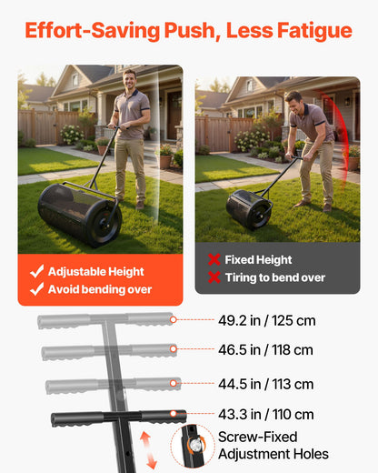 Compost Spreader, 91 cm Wide Peat Moss Spreader with Push/Tow Handle, 4 Heights Adjustable, Powder-Coated Steel Garden Peat Moss Roller, Heavy Duty Grass Seed Roller for Planting Seeding, Black