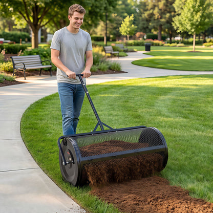 Compost Spreader, 91 cm Wide Peat Moss Spreader with Push/Tow Handle, 4 Heights Adjustable, Powder-Coated Steel Garden Peat Moss Roller, Heavy Duty Grass Seed Roller for Planting Seeding, Black