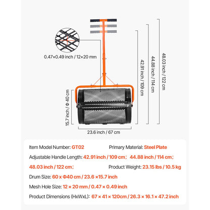 Compost Spreader 24 in Peat Moss Spreader with T-Shaped Handle for Yard