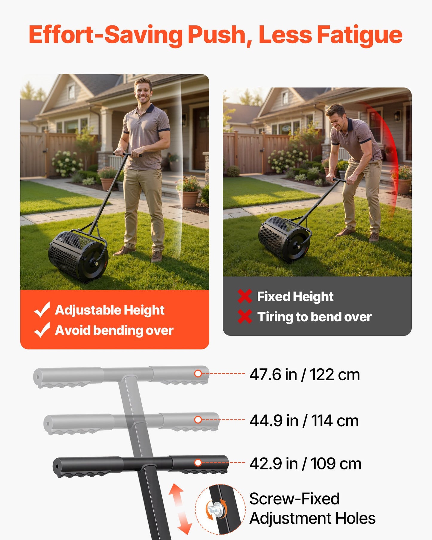 Compost Spreader, 42 cm Wide Peat Moss Spreader with T Shaped Handle, 3 Heights Adjustable, Powder-Coated Steel Garden Peat Moss Roller, Heavy Duty Grass Seed Roller for Planting Seeding, Black
