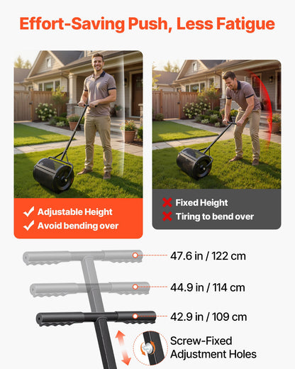 Compost Spreader, 42 cm Wide Peat Moss Spreader with T Shaped Handle, 3 Heights Adjustable, Powder-Coated Steel Garden Peat Moss Roller, Heavy Duty Grass Seed Roller for Planting Seeding, Black