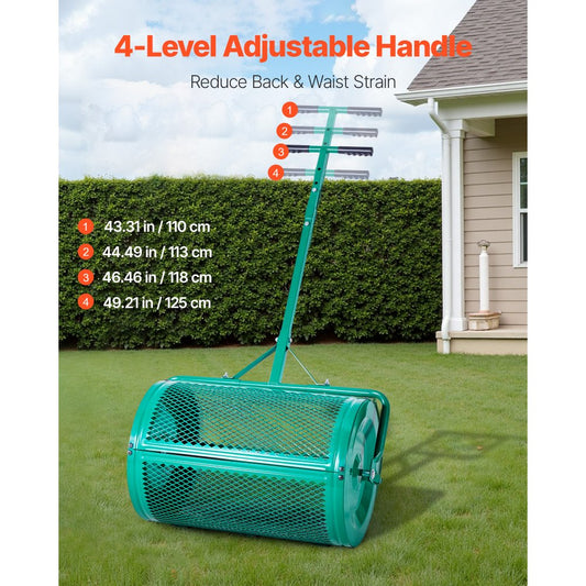 Compost Spreader 24 in Peat Moss Spreader Roller Push/Tow Handle for Yard