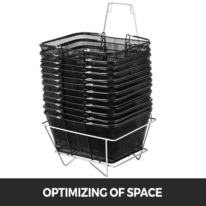 12-Piece Black Metal Shopping Basket Set with Handles for Retail Stores