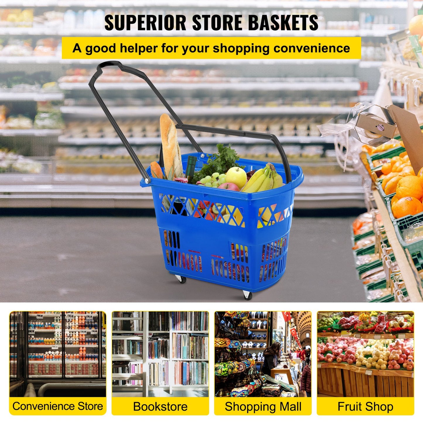VEVOR Shopping Basket with Handle on Castors- Blue Pack of 6