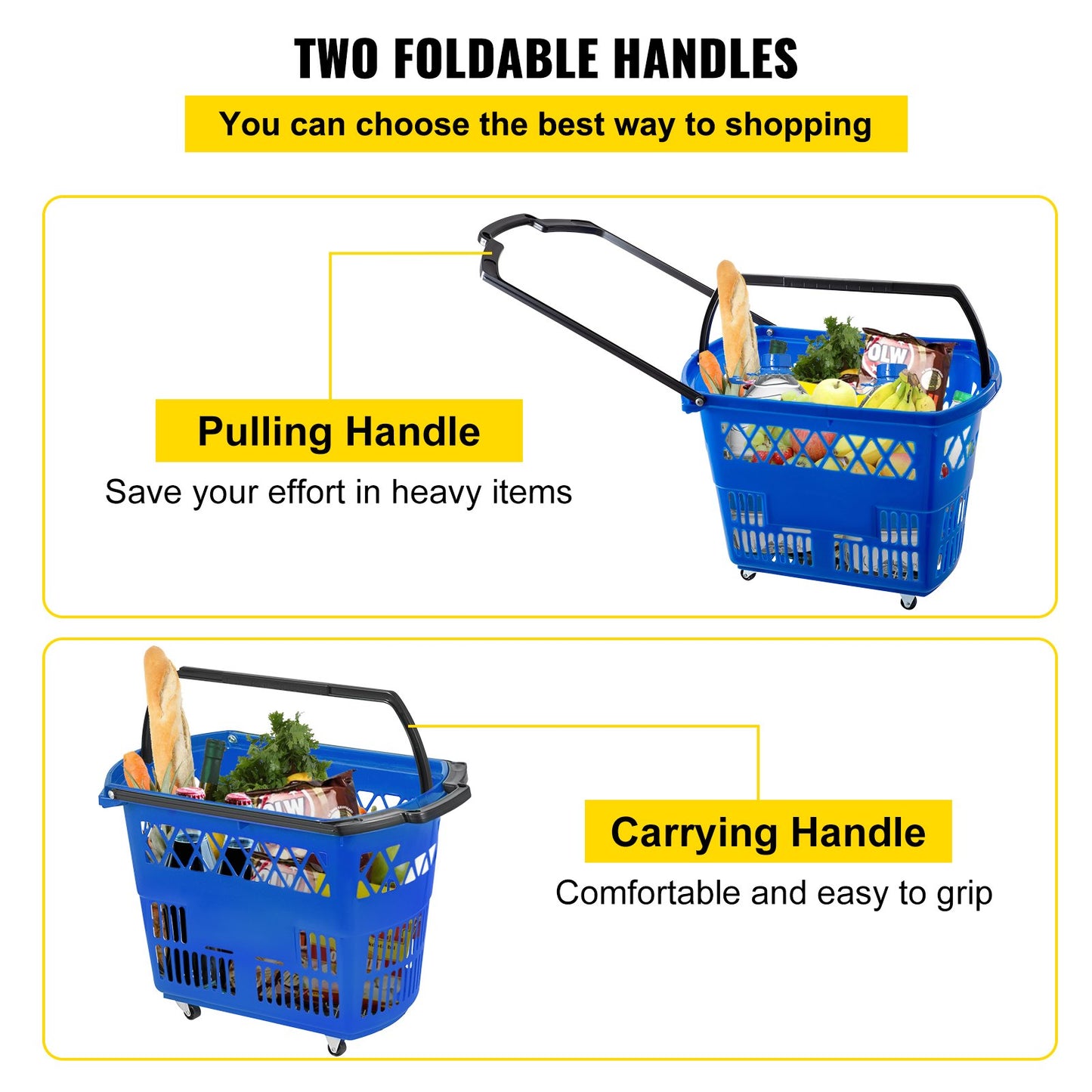 VEVOR Shopping Basket with Handle on Castors- Blue Pack of 6