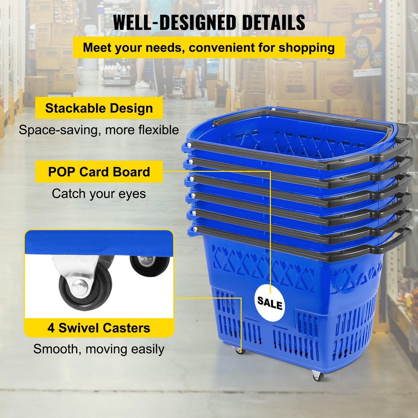 VEVOR Shopping Basket with Handle on Castors- Blue Pack of 6