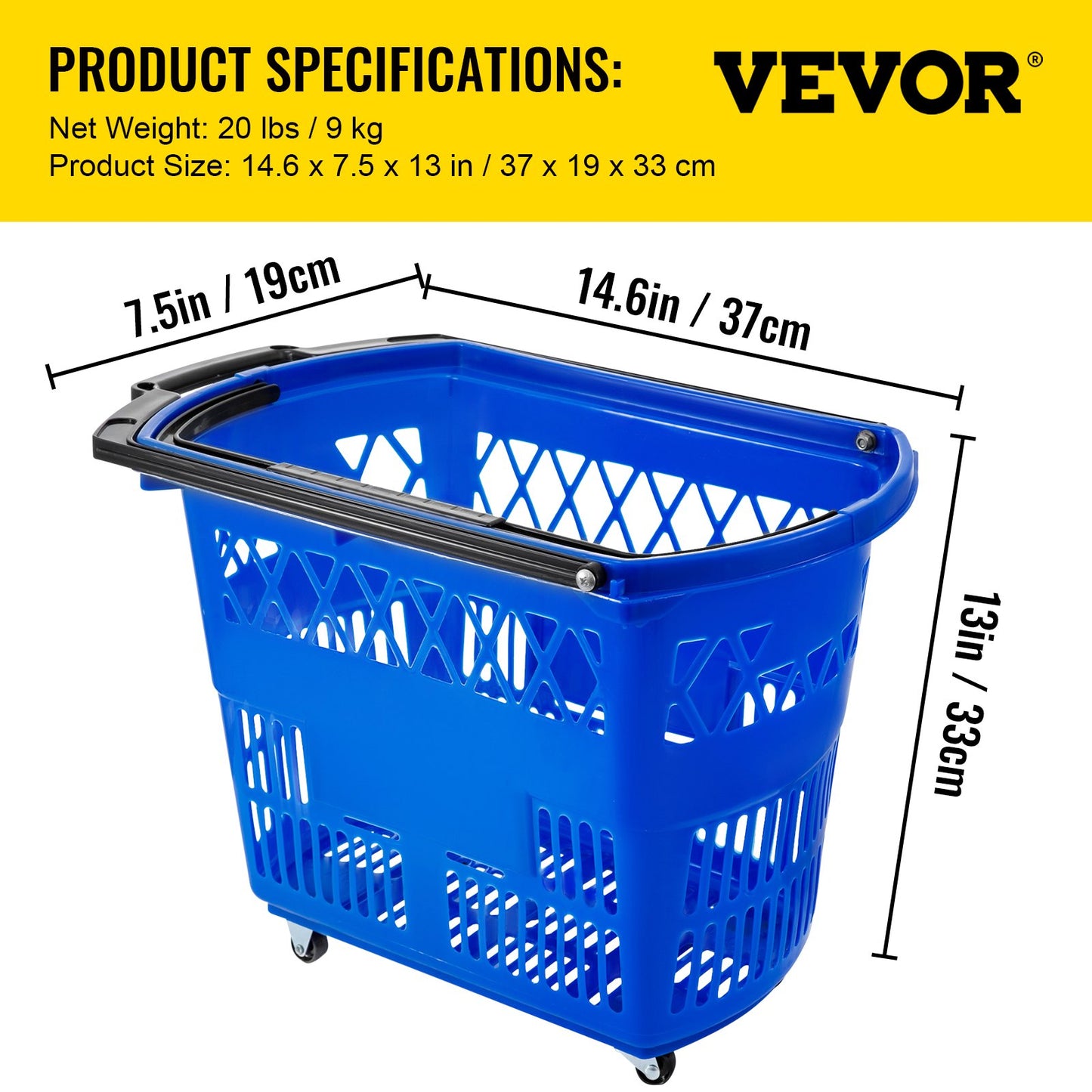 VEVOR Shopping Basket with Handle on Castors- Blue Pack of 6