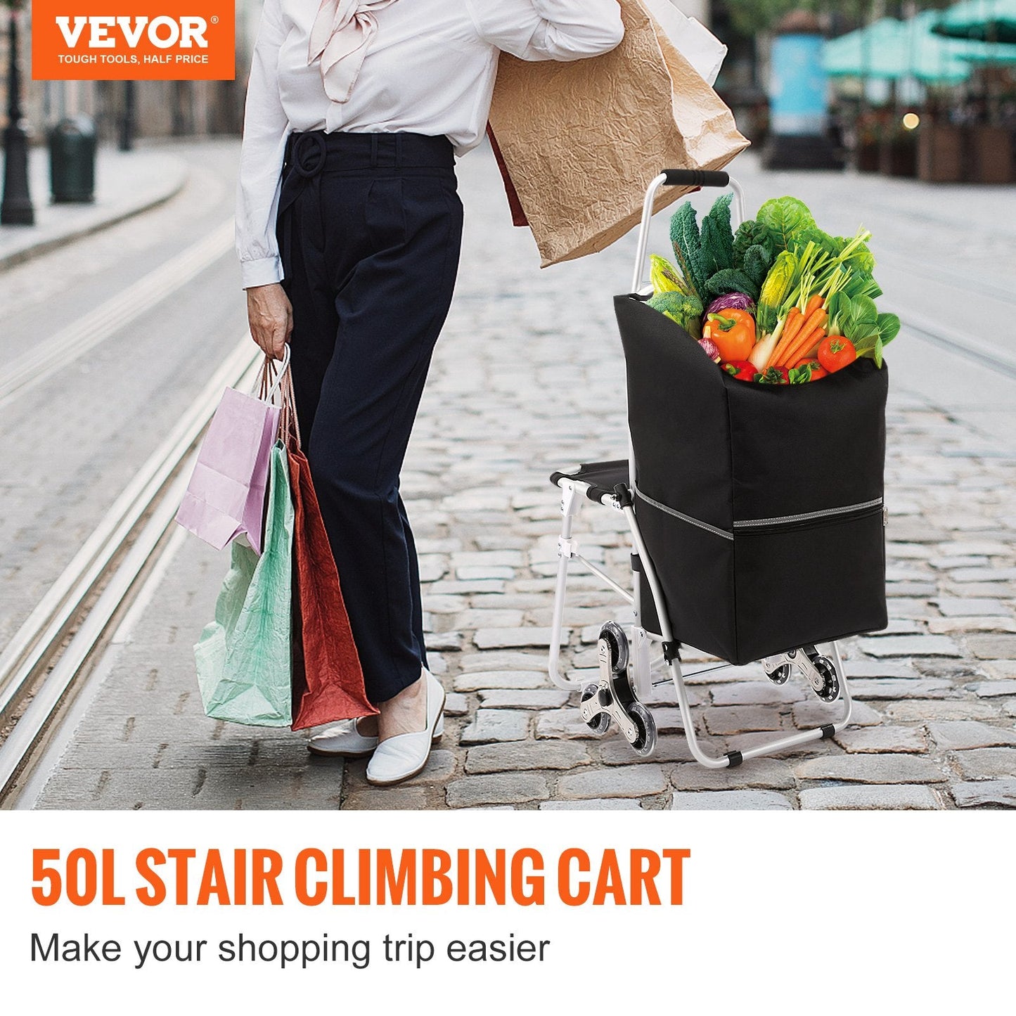 Foldable Stair Climbing Cart with Seat & Waterproof Bag, 35 kg Capacity