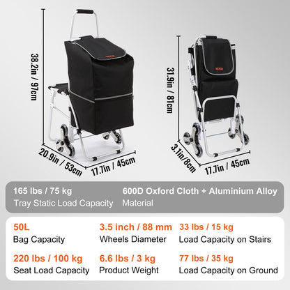 Foldable Stair Climbing Cart with Seat & Waterproof Bag, 35 kg Capacity