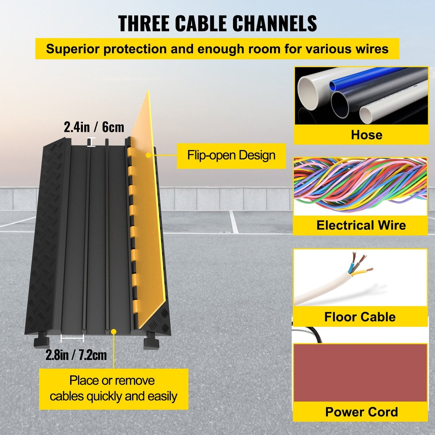 Heavy-Duty 3-Channel Cable Protector, 19,958 kg Capacity, 94.5 x 50 x 8 cm