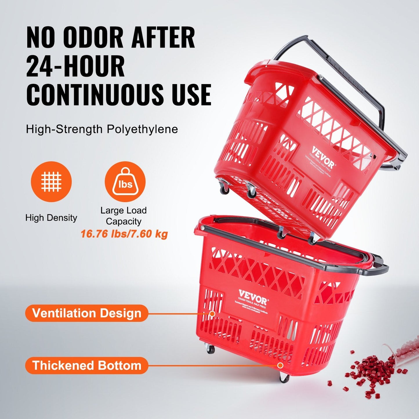 Set of 6 Red Rolling Shopping Trolleys with Handle, 39L Capacity, 34 kg Load