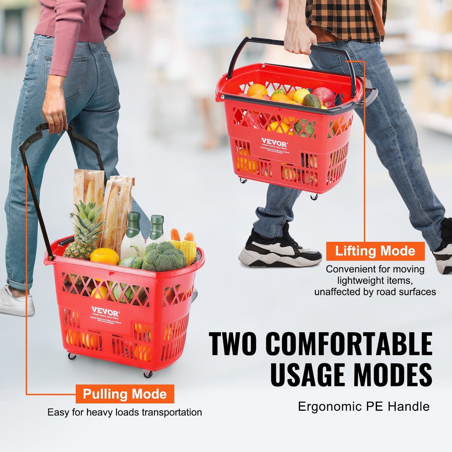 Set of 6 Red Rolling Shopping Trolleys with Handle, 39L Capacity, 34 kg Load