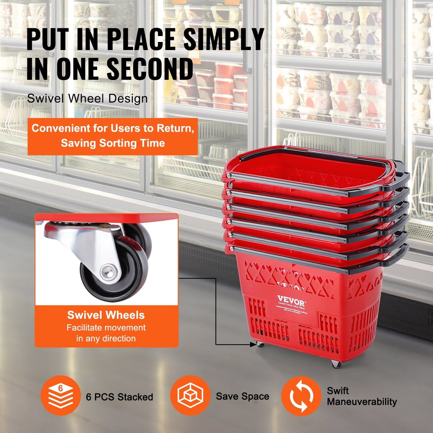 Set of 6 Red Rolling Shopping Trolleys with Handle, 39L Capacity, 34 kg Load