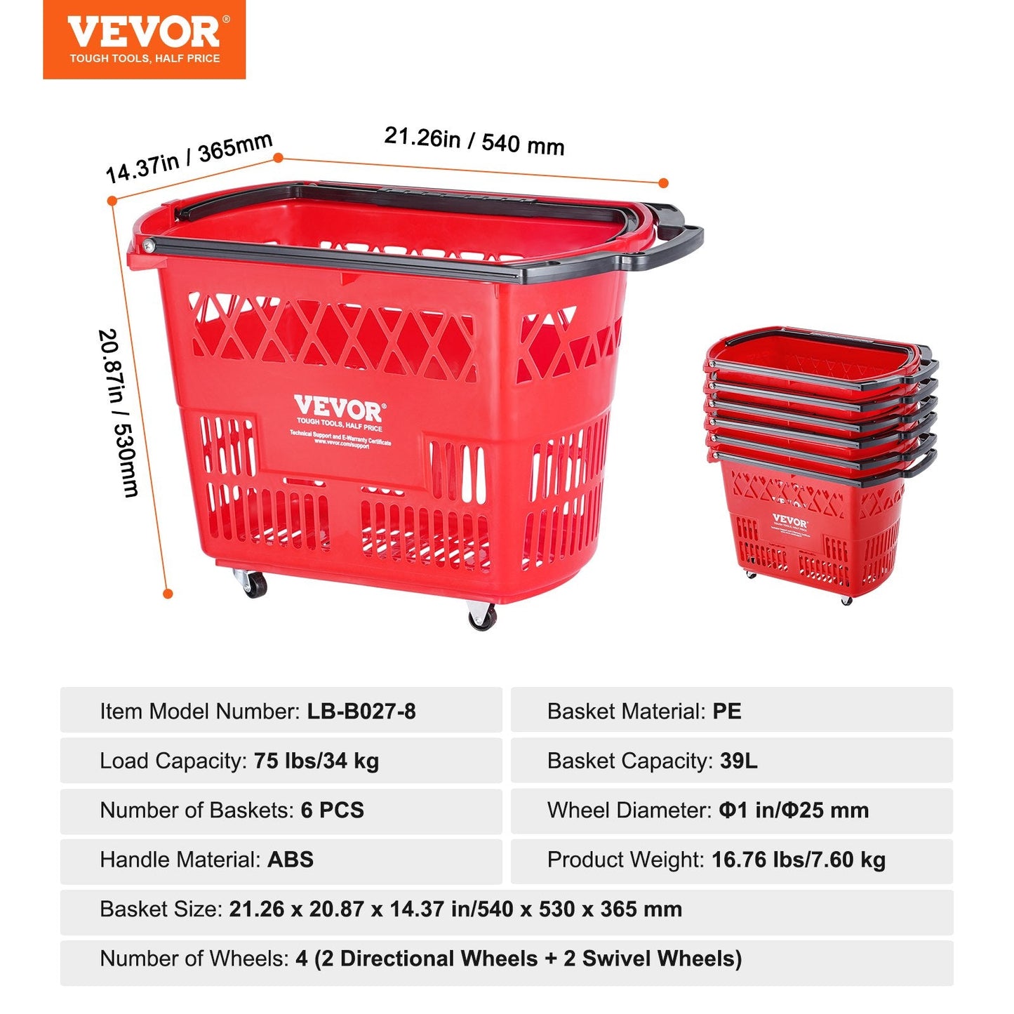 Set of 6 Red Rolling Shopping Trolleys with Handle, 39L Capacity, 34 kg Load