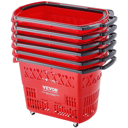 Set of 6 Red Rolling Shopping Trolleys with Handle, 39L Capacity, 34 kg Load