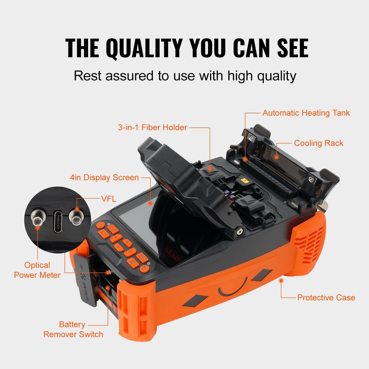 Fiber Optic Fusion Splicer Kit, 4 Motors, Clad Alignment, 4" LCD Screen