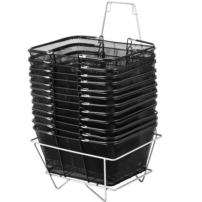 Set of 12 Black Metal Shopping Baskets with Handles for Retail & Grocery Use