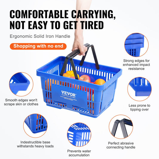 Set of 12 Durable 24L Plastic Shopping Baskets with Stand for Retail & Grocery